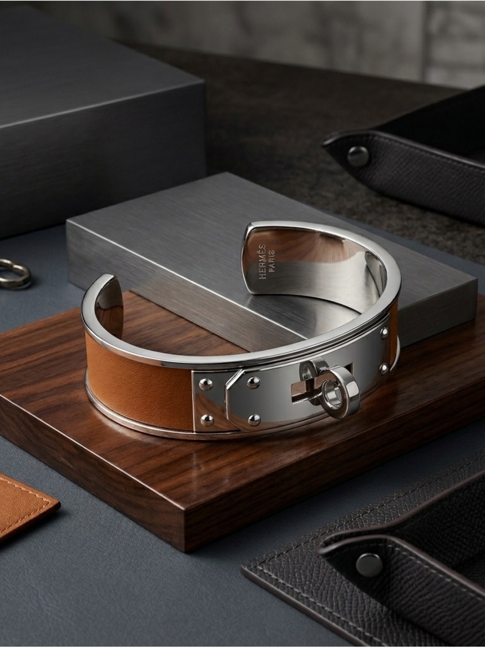 Authentic Hermes Tan Leather and Silver Cuff Bracelet